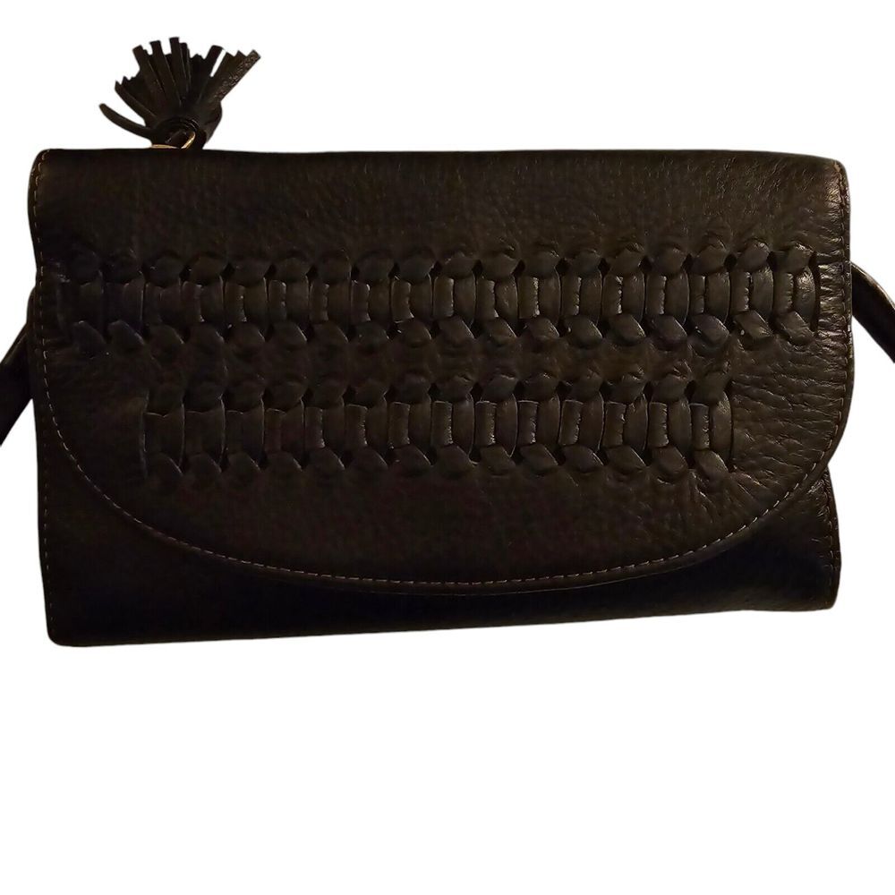 Fossil Black Leather Crossbody Bag Small Credit Card Travel Woven
